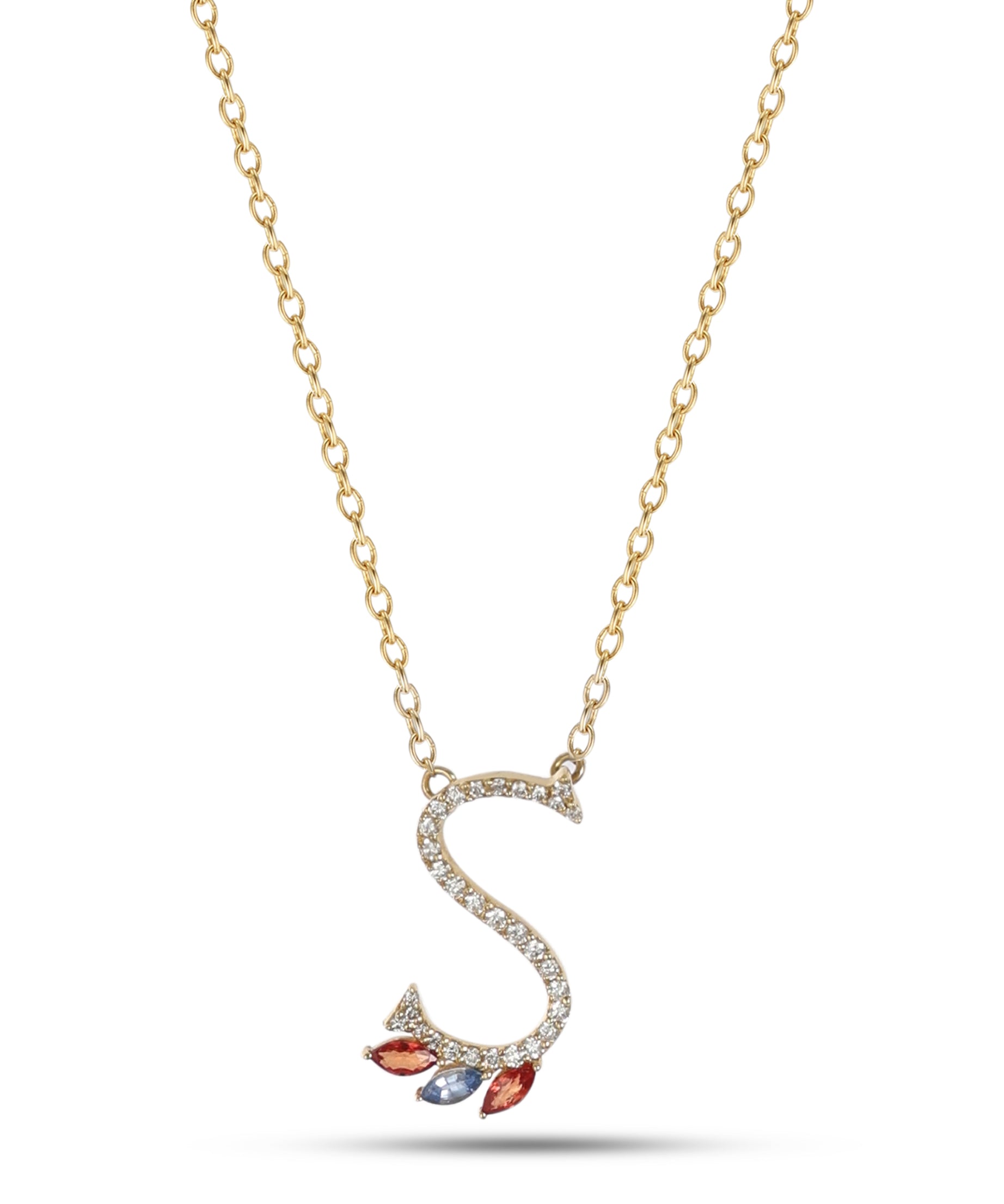 18K Yellow Gold Necklace English "S" Letter with Multicolor Stones - S-P664SS