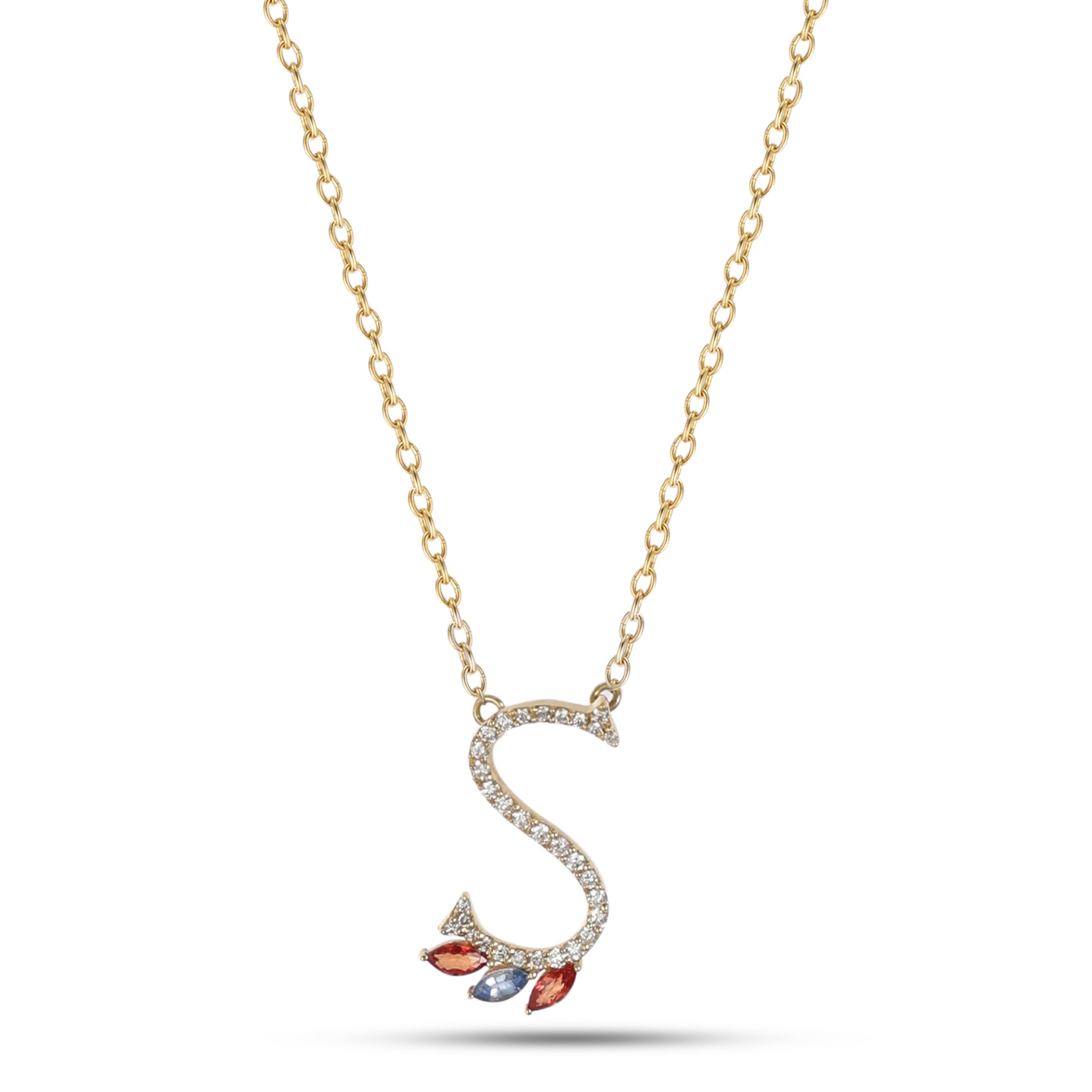 18K Yellow Gold Necklace English "S" Letter with Multicolor Stones - S-P664SS