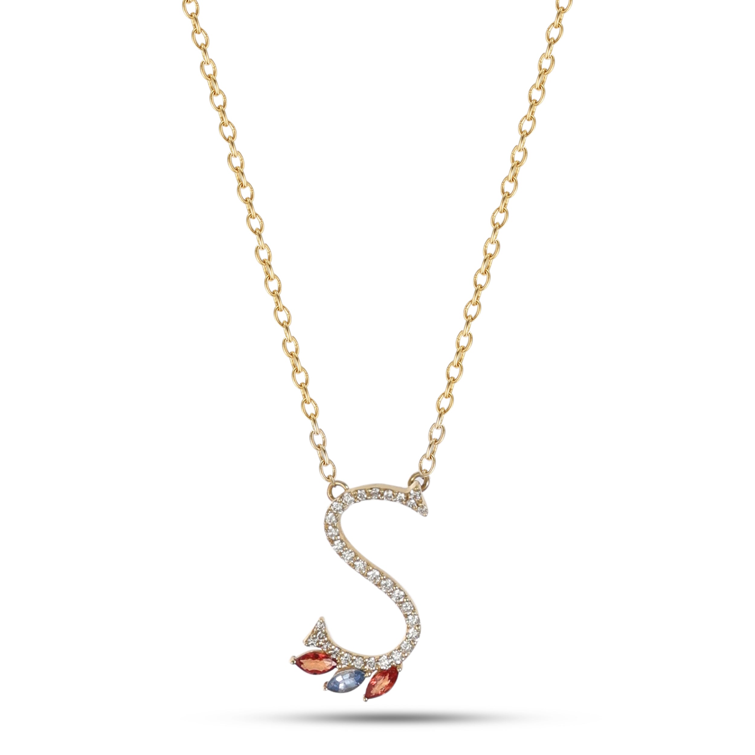 18K Yellow Gold Necklace English "S" Letter with Multicolor Stones - S-P664SS