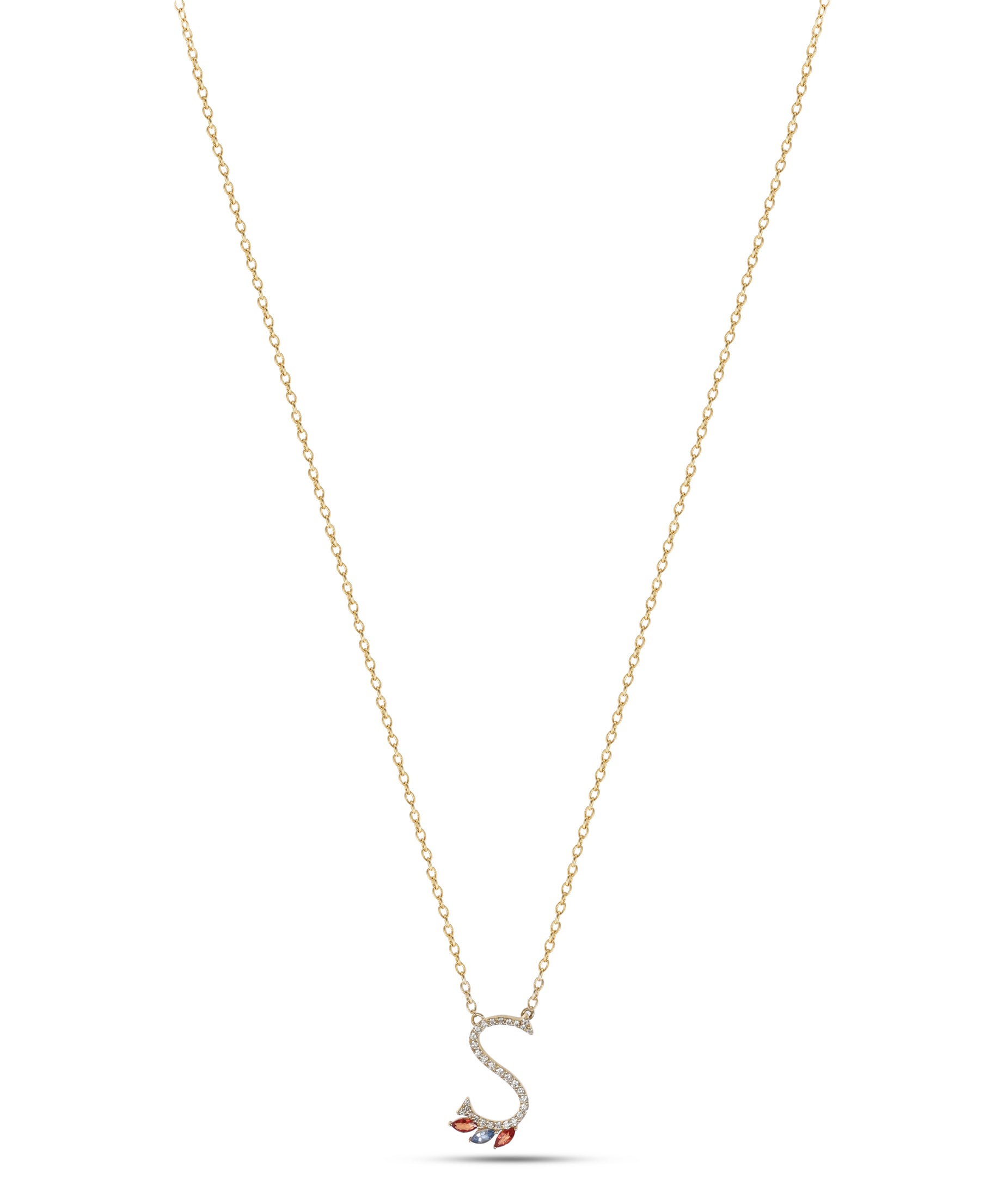18K Yellow Gold Necklace English "S" Letter with Multicolor Stones - S-P664SS