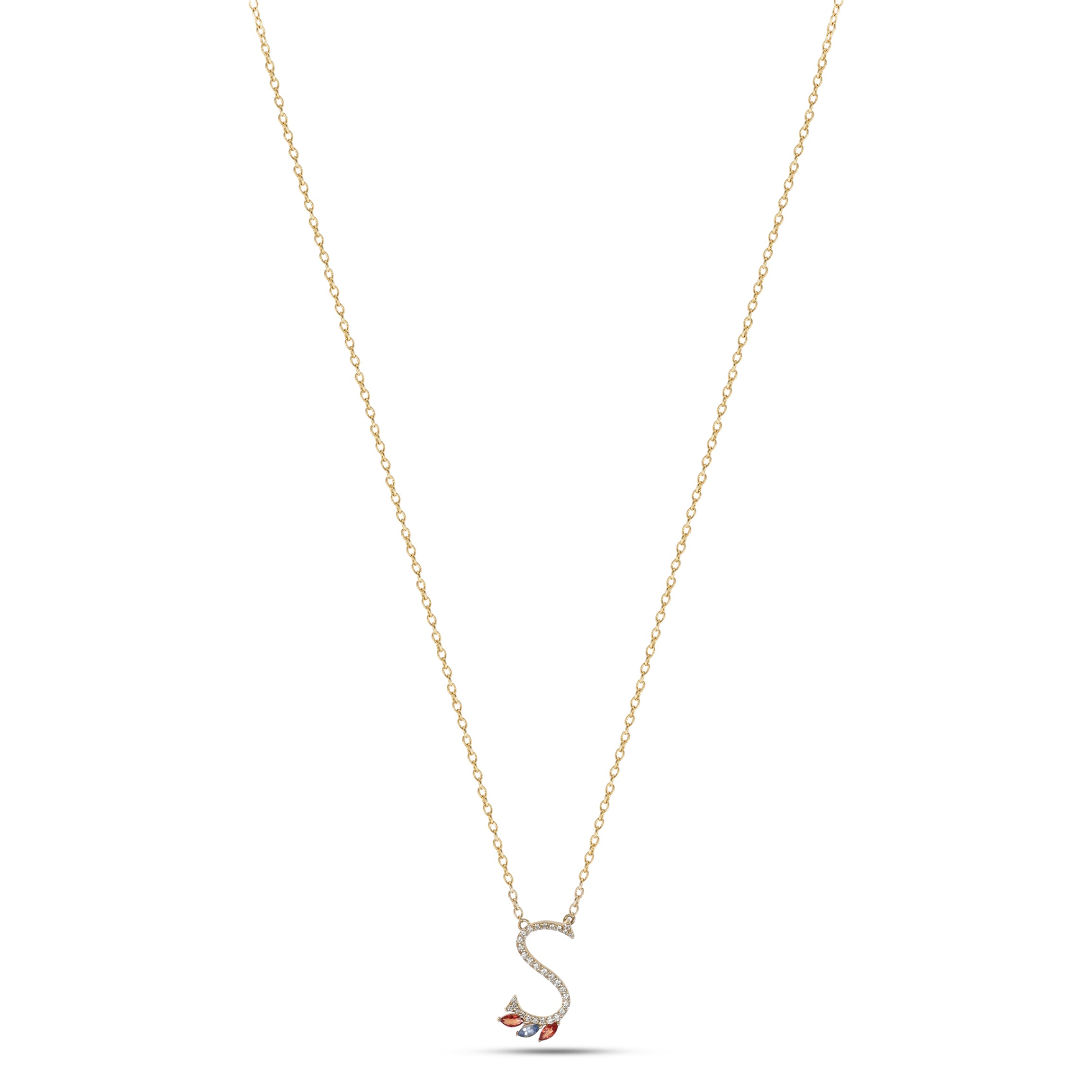 18K Yellow Gold Necklace English "S" Letter with Multicolor Stones - S-P664SS