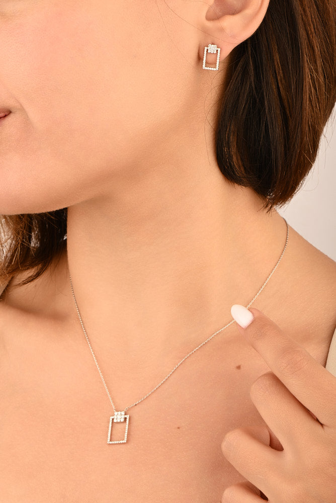 Classic Summer dangling Diamond Square Necklace in 18k White Gold S-P387S