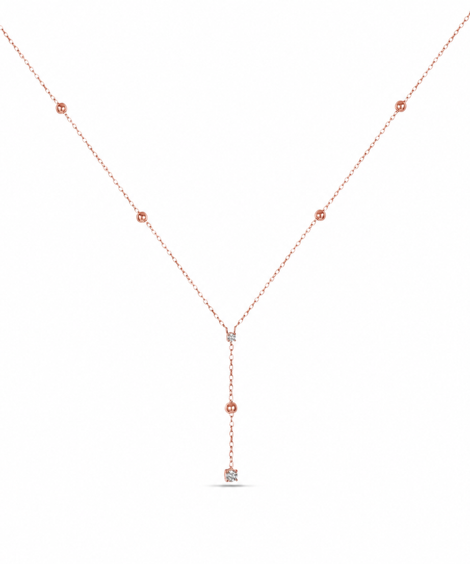 Delicate 18K Rose Gold Beaded Diamond Drop Necklace - S-P640S