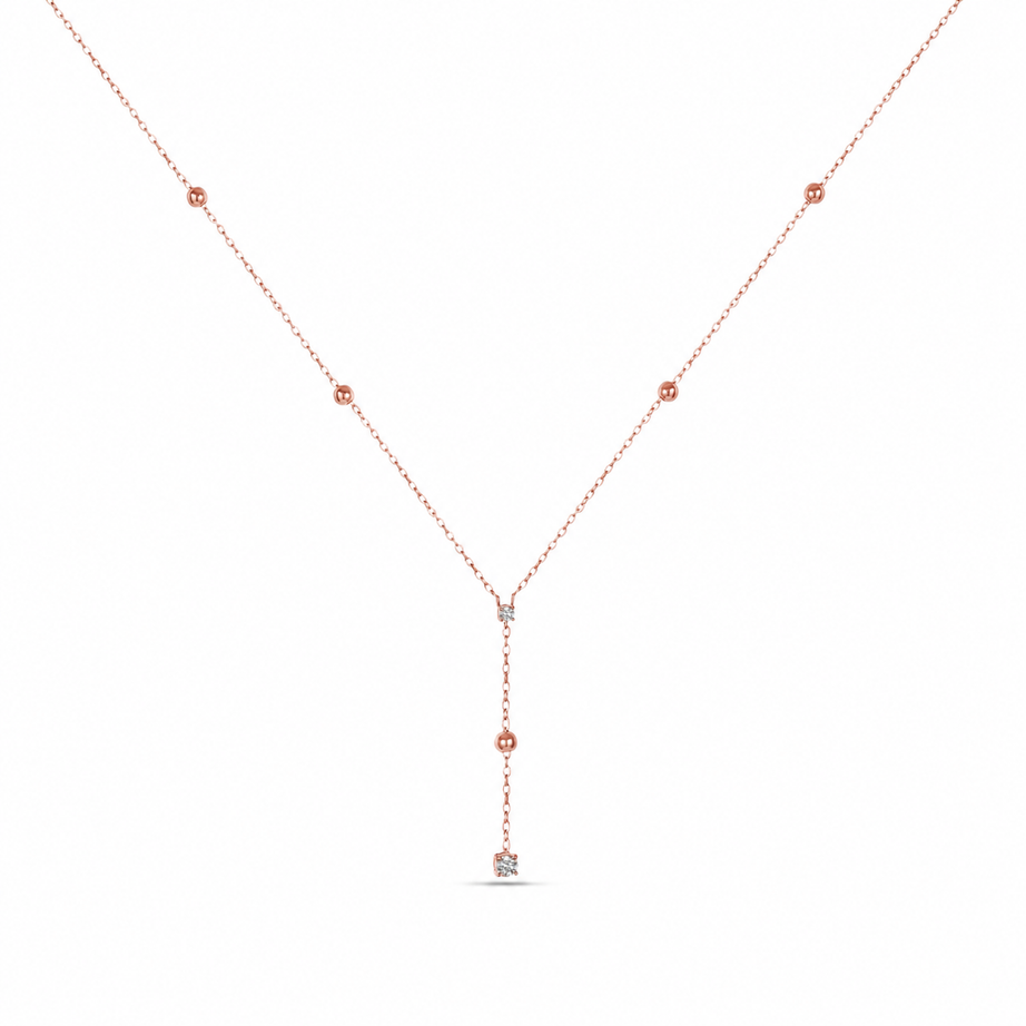 Delicate 18K Rose Gold Beaded Diamond Drop Necklace - S-P640S