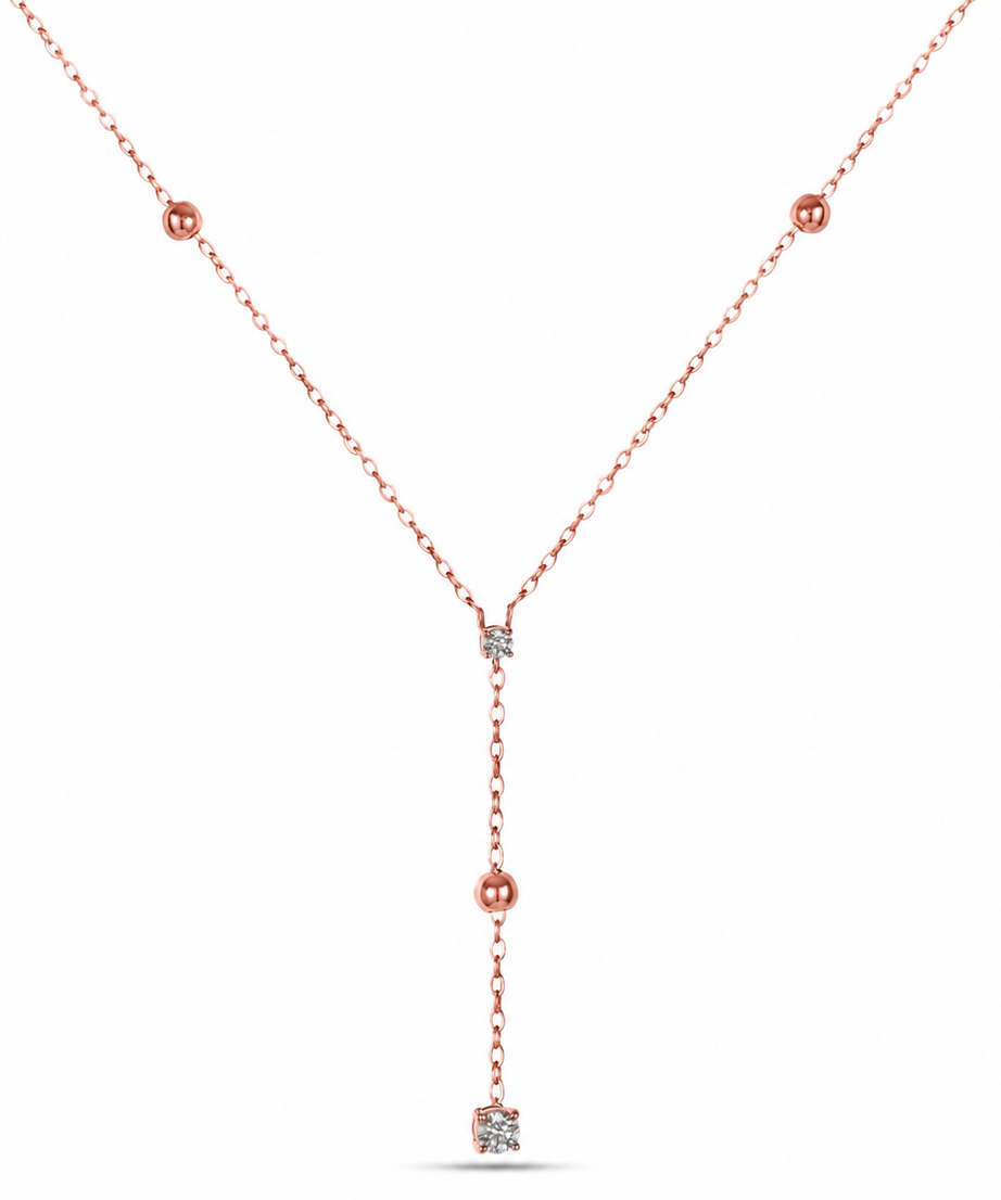 Delicate 18K Rose Gold Beaded Diamond Drop Necklace - S-P640S