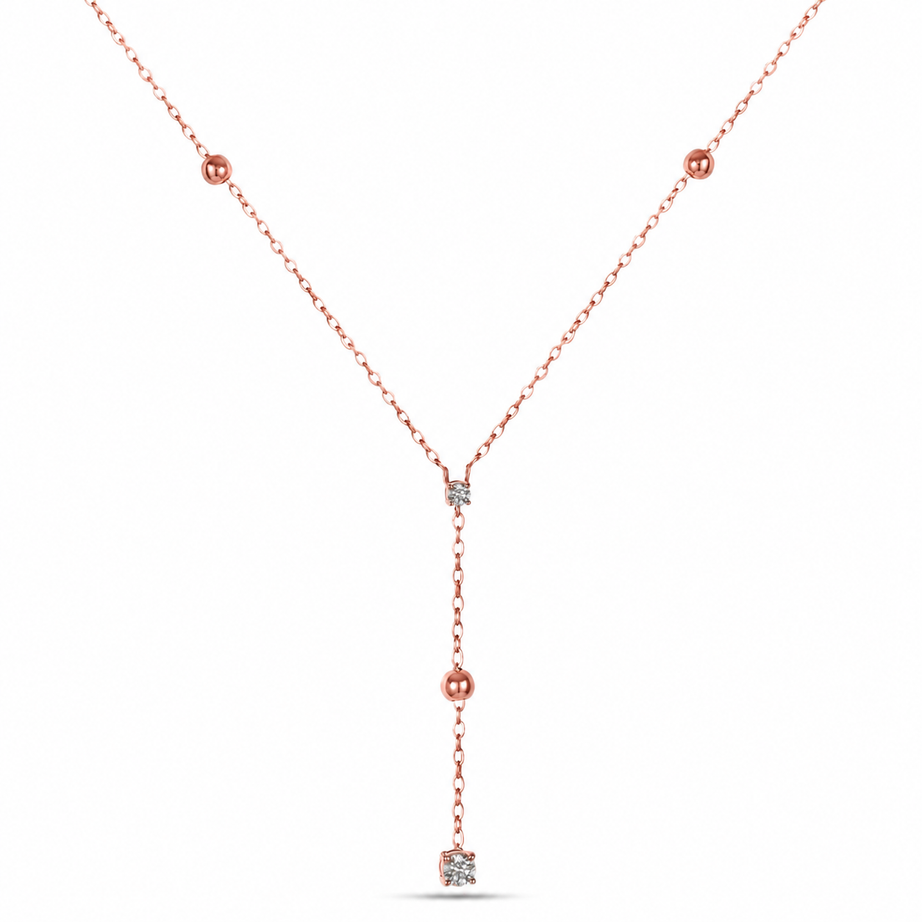 Delicate 18K Rose Gold Beaded Diamond Drop Necklace - S-P640S