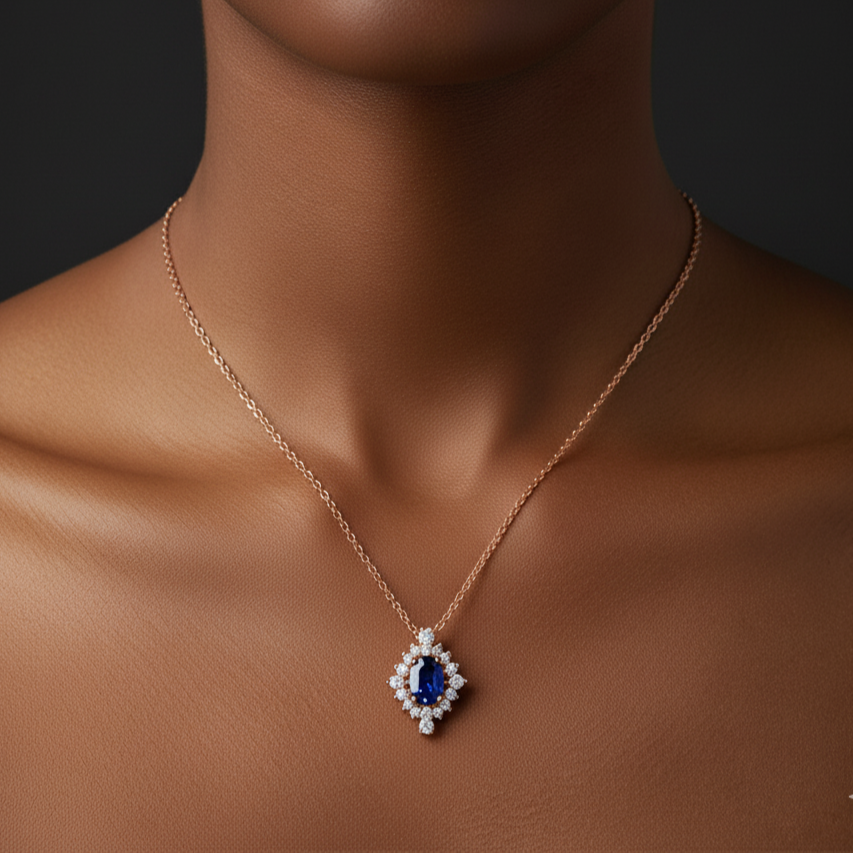Necklace with a blue gemstone pendant on a dark background