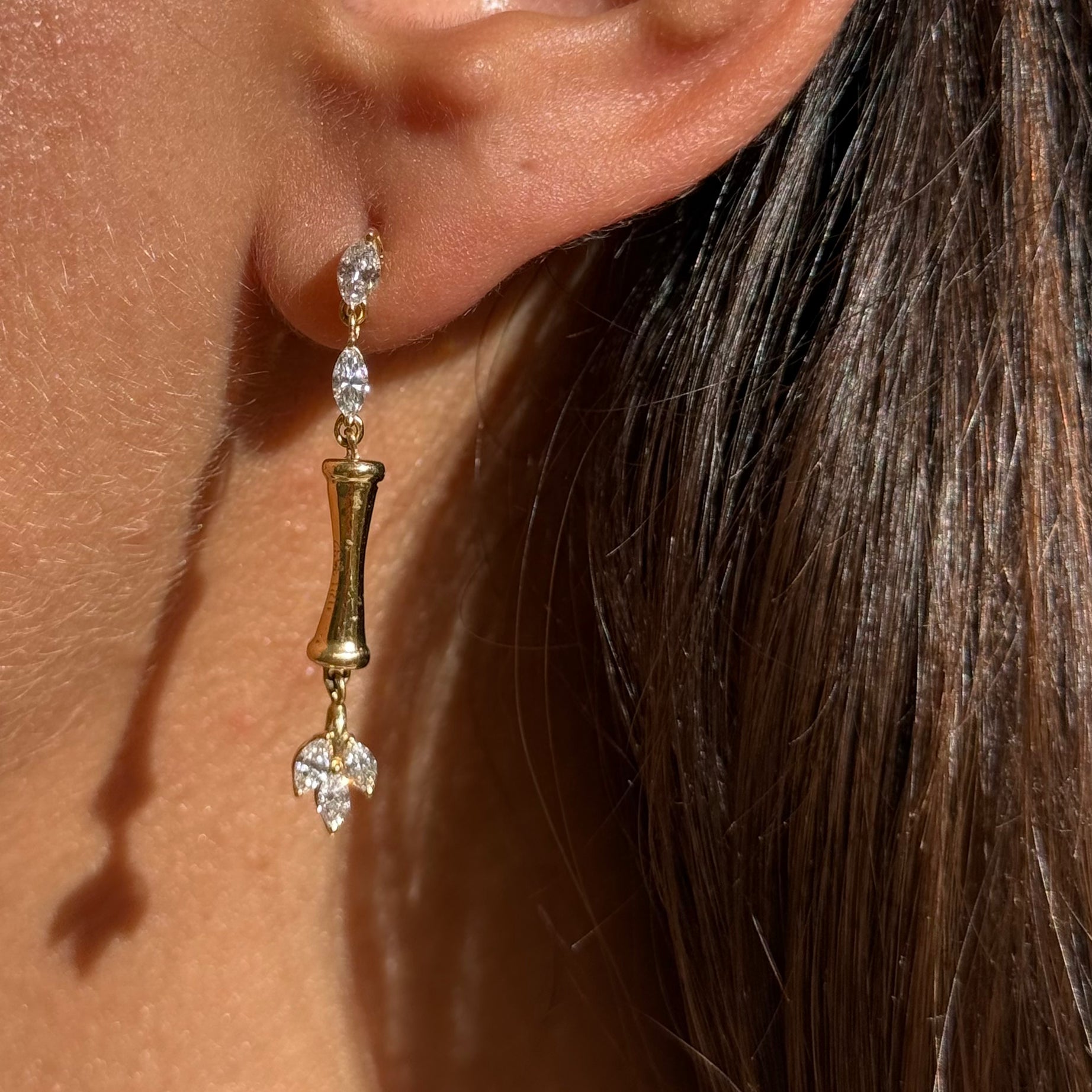 18K Yellow Gold Bamboo Earring with Marquise Diamond Accents - S-E317S