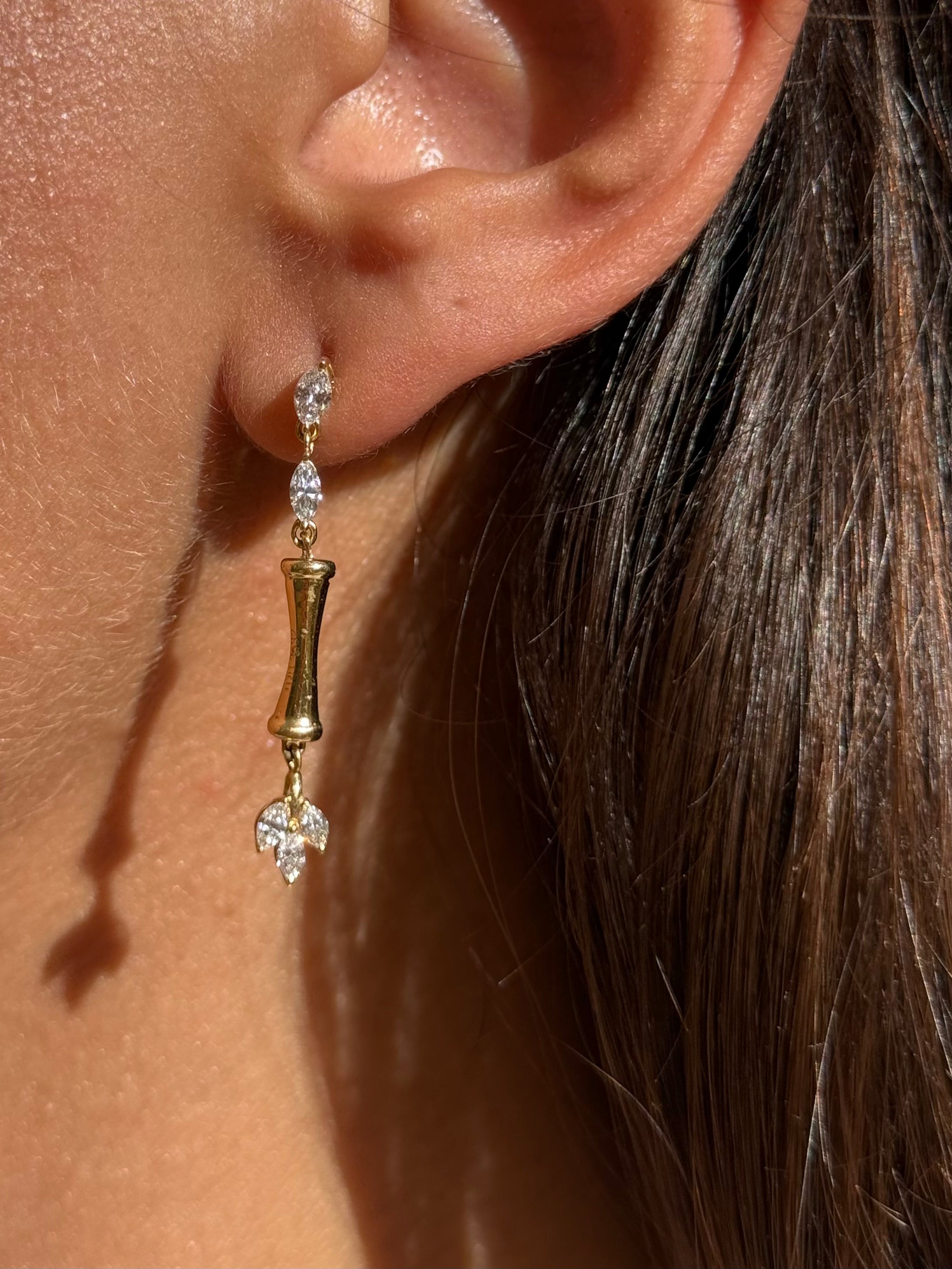 18K Yellow Gold Bamboo Earring with Marquise Diamond Accents - S-E317S