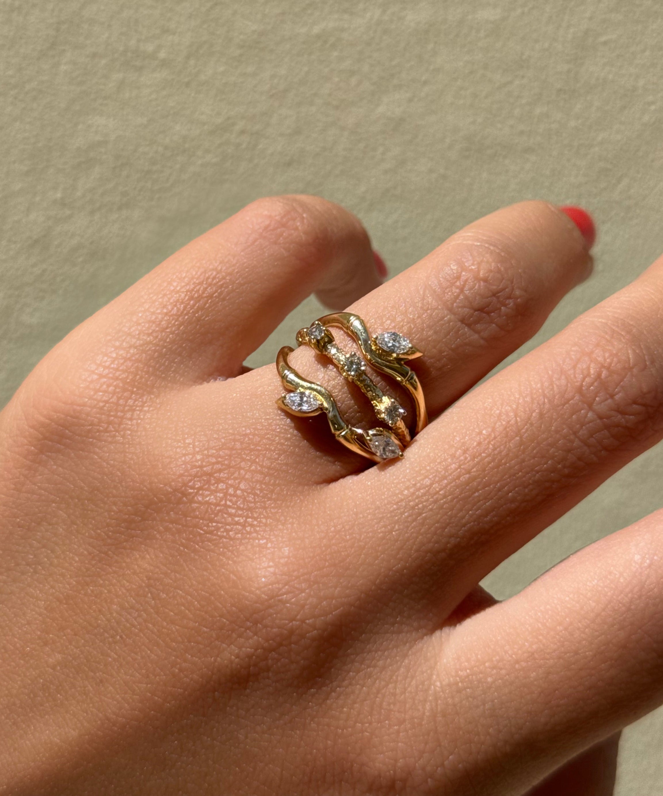 18K Yellow Gold Lucky Bamboo Triple Layer Ring with Diamond Accents - S-R459SB
