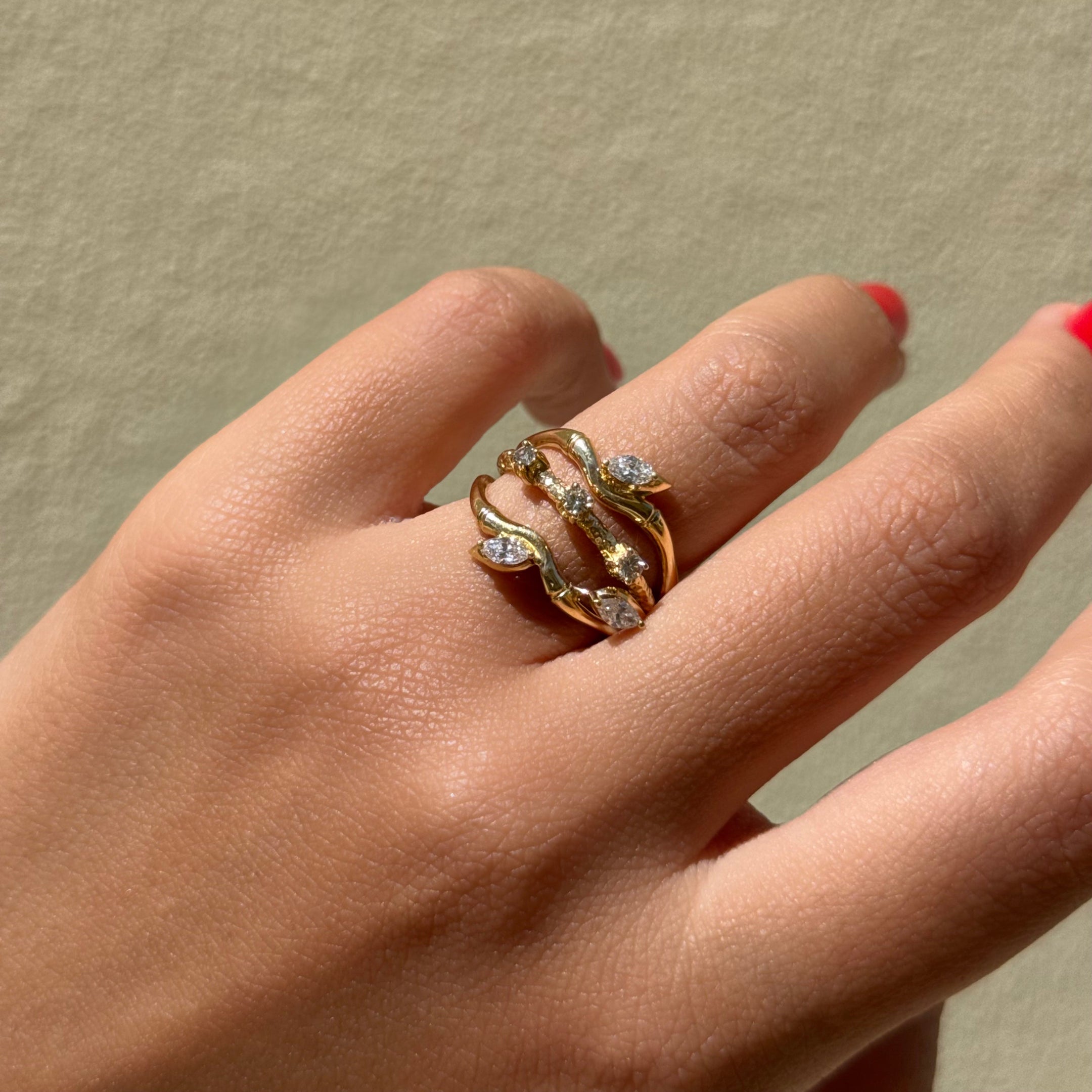 18K Yellow Gold Lucky Bamboo Triple Layer Ring with Diamond Accents - S-R459SB