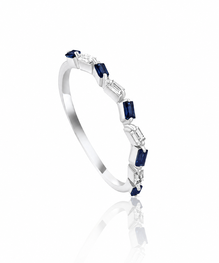 Irregular Shaped Baguette and Sapphire Diamond Ring in 18K White Gold - mr-0102-r