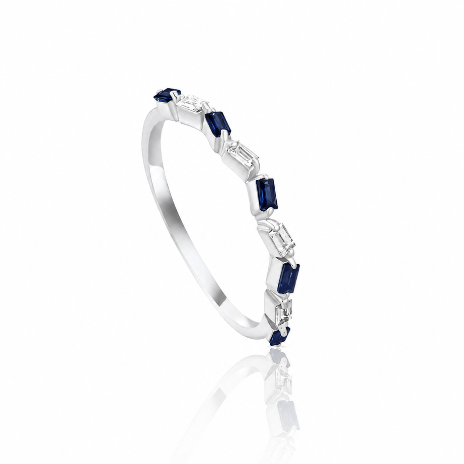 Special offer Irregular Shaped Baguette and Sapphire Diamond Ring in 18K White Gold - mr-0102-r