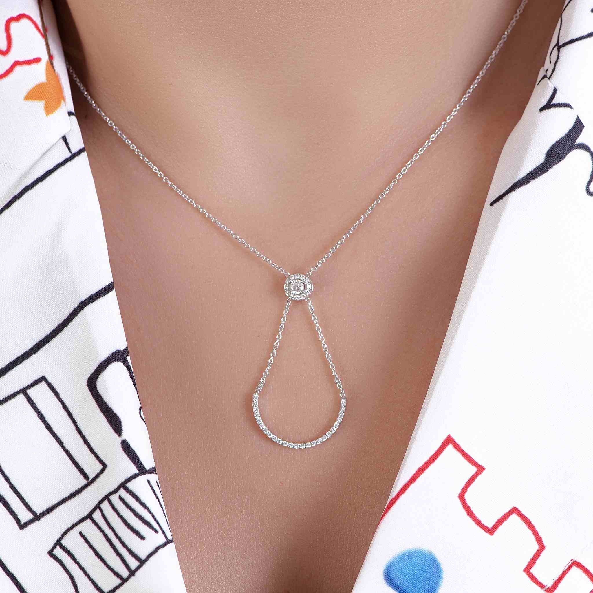 Adjustable Length with Dangling Bow Diamond Necklace in White 18 K Gold - SIR1278