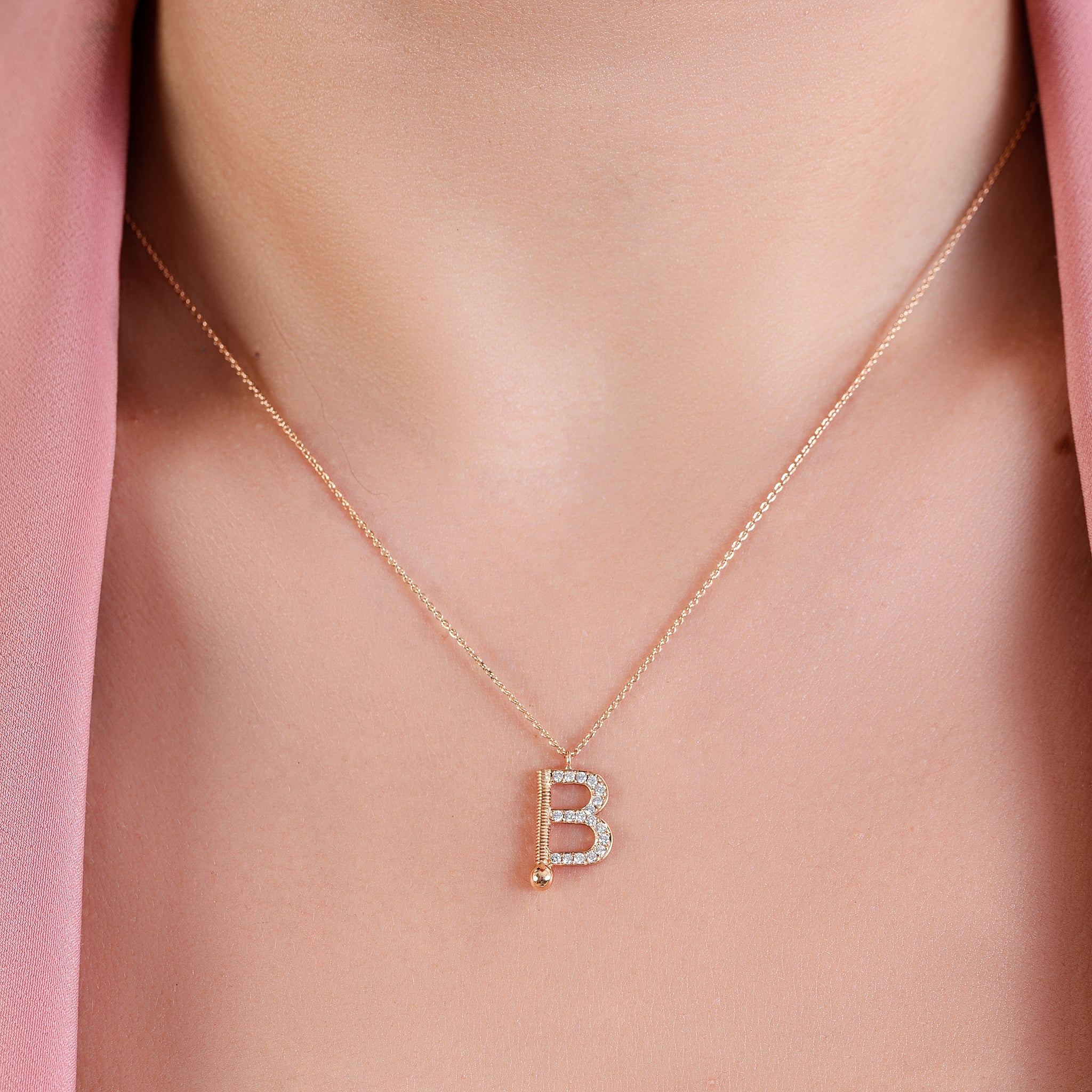 Letter B Diamond Necklace in 18k Yellow Gold