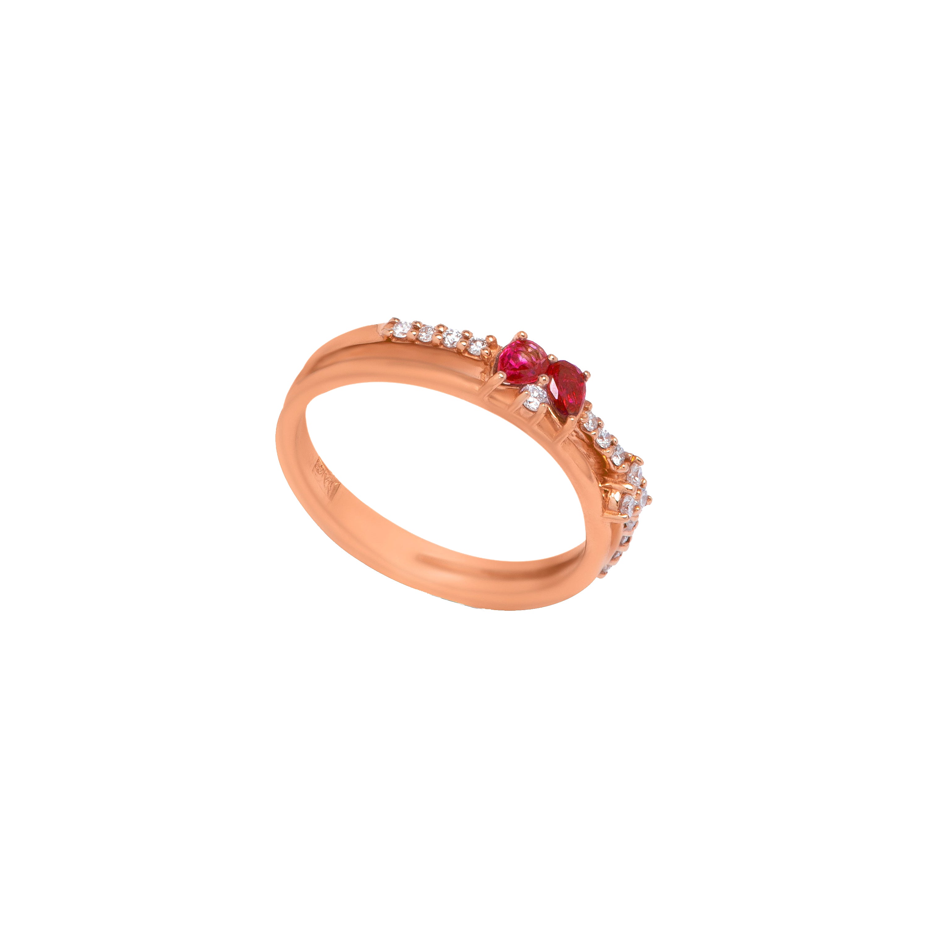 Double Ruby Stone diamond ring in 18K ROSE Gold - S-R95