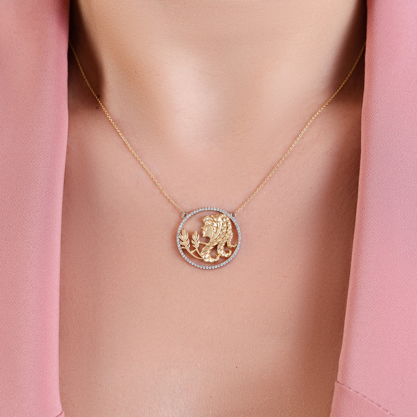 Greek Virgo Zodiac Sign Gold  Necklace in Yellow 18 K Gold - FSPN001E