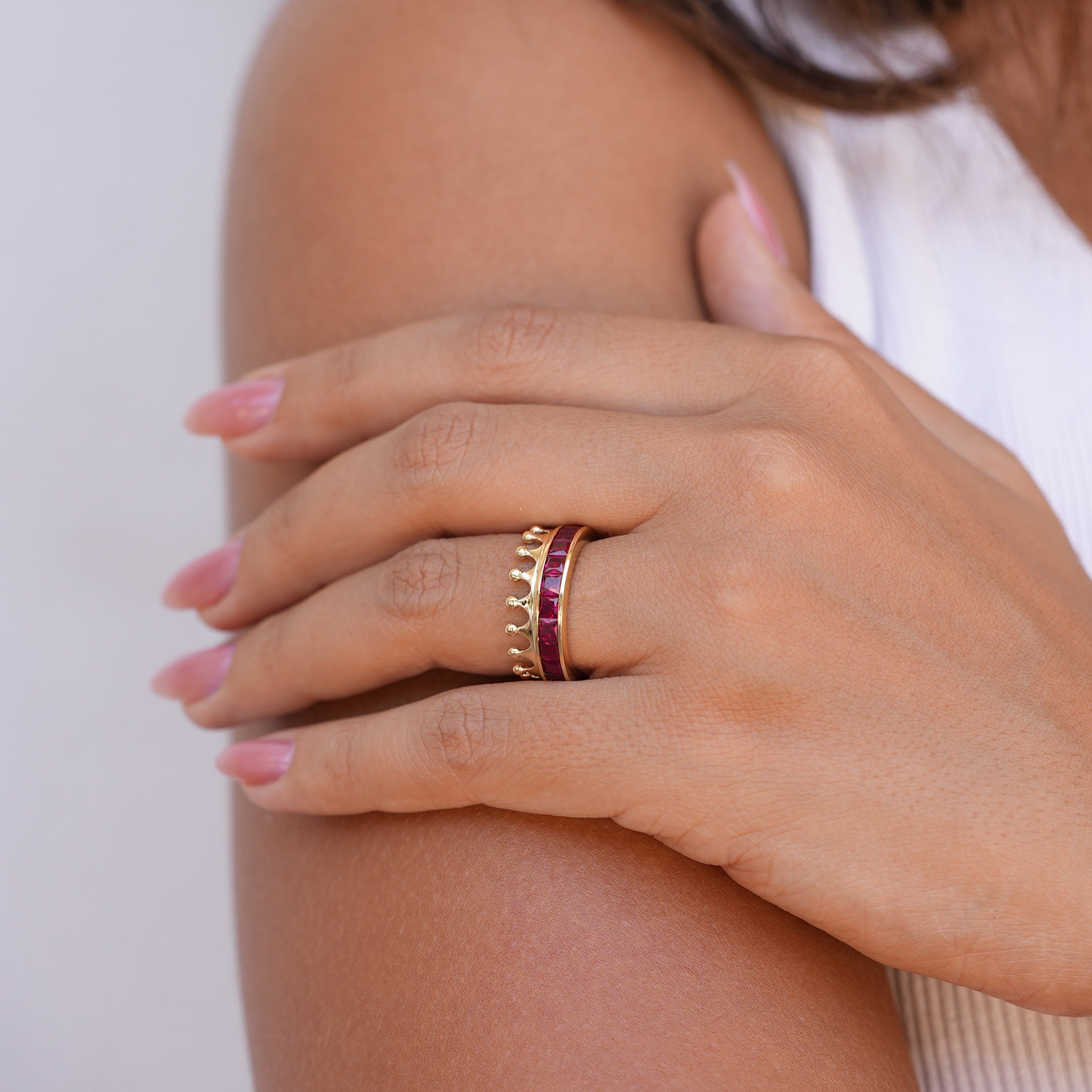 18k Gold Crown Ring Encrusted with Ruby Baguette  - S-W037SC