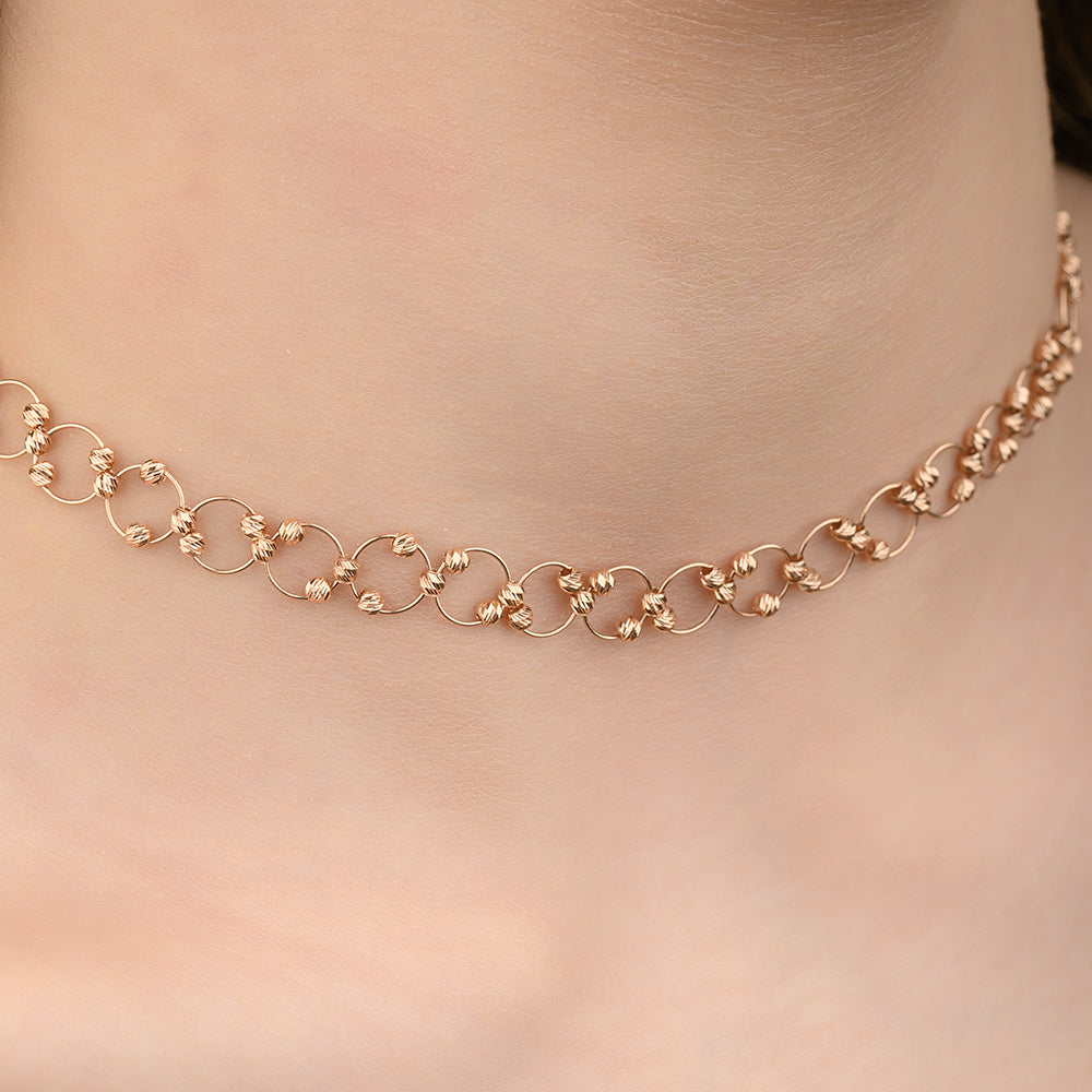 18K Connected Circles & Beaded Choker Gold Necklace - PBBT070N/R/WG