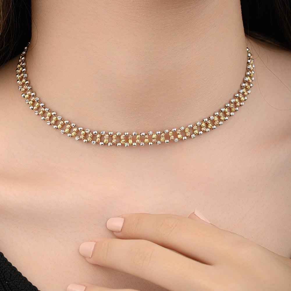 18K Triple Colored Beaded Choker Gold Necklace - PBBT068N/D