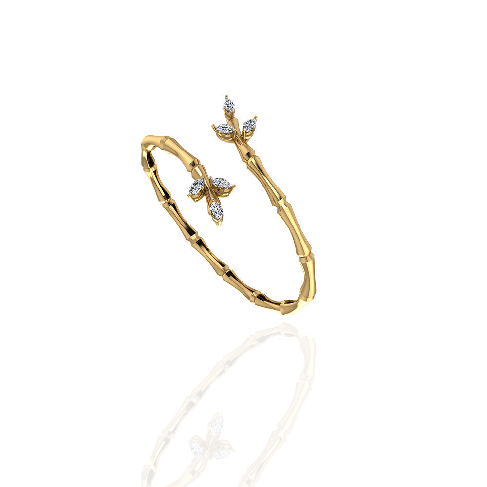 18k Yellow Gold Diamond Lucky Curled Bangle with Marquise Leaf Shape - S-B319S