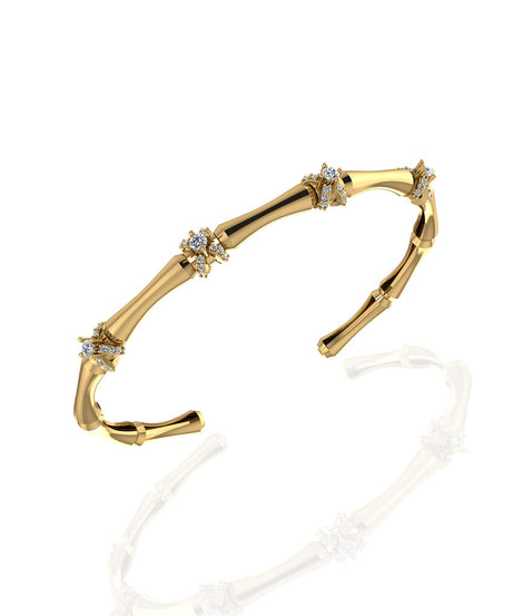 18K Yellow Gold Bamboo Stalk Stackable Bangle with Wrapped Around Diamonds - S-B328SB