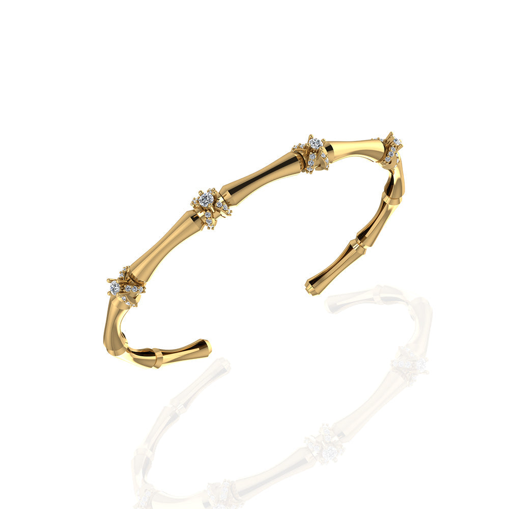 18K Yellow Gold Bamboo Stalk Stackable Bangle with Wrapped Around Diamonds - S-B328SB