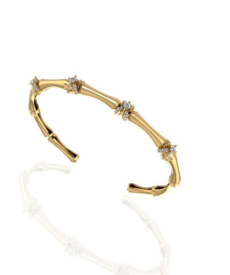 18K Yellow Gold Bamboo Stalk Stackable Bangle with Wrapped Around Diamonds - S-B328SB