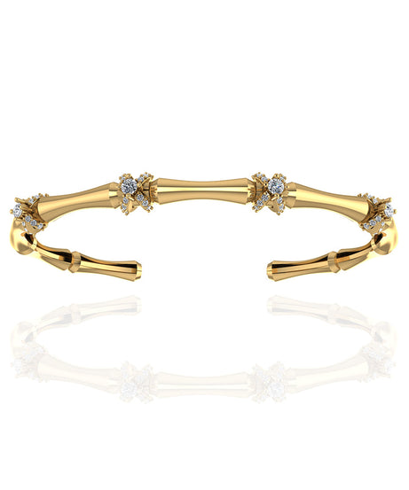 18K Yellow Gold Bamboo Stalk Stackable Bangle with Wrapped Around Diamonds - S-B328SB