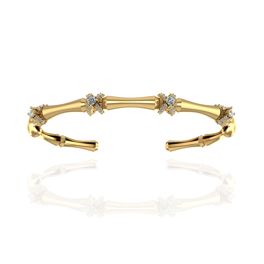 18K Yellow Gold Bamboo Stalk Stackable Bangle with Wrapped Around Diamonds - S-B328SB