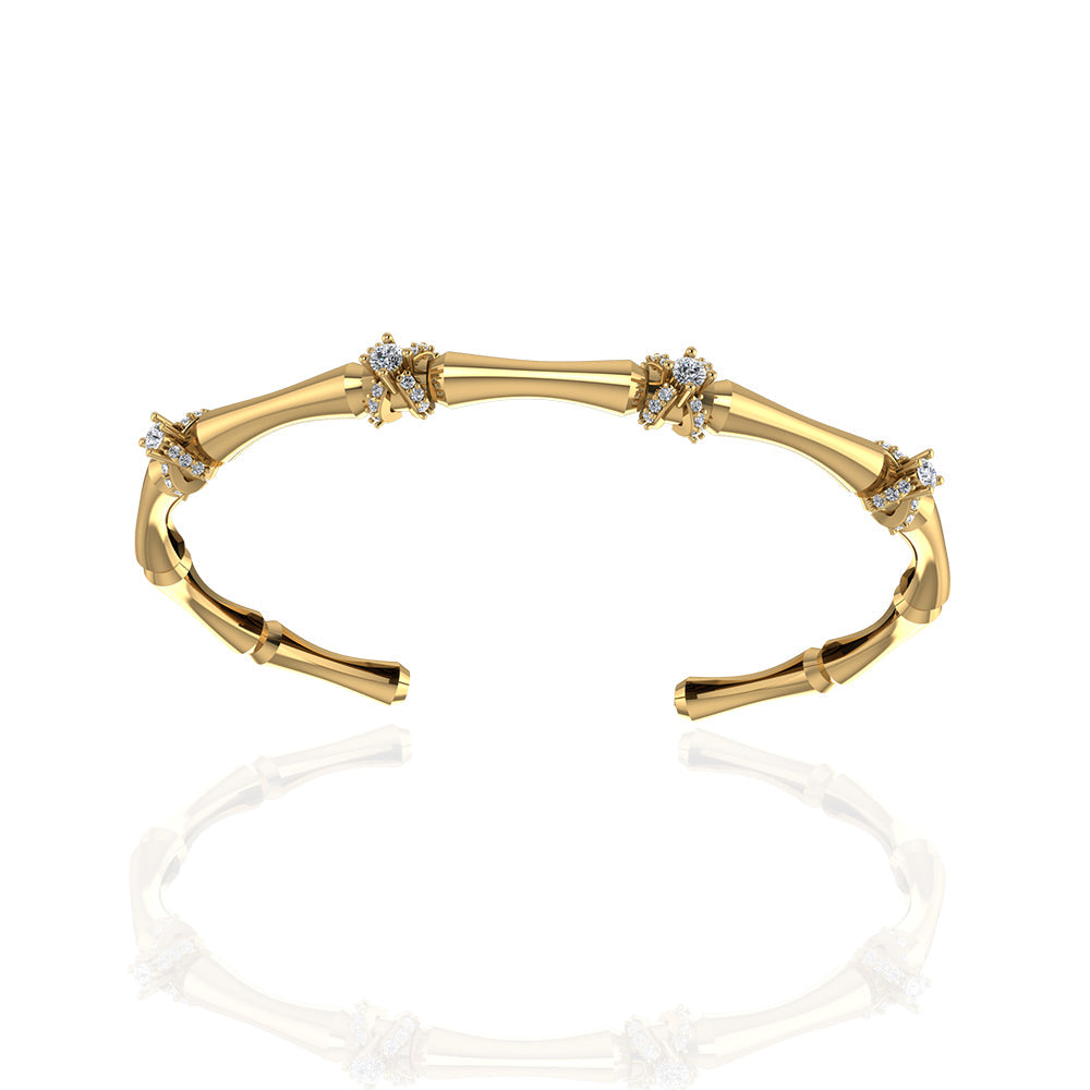 18K Yellow Gold Bamboo Stalk Stackable Bangle with Wrapped Around Diamonds - S-B328SB