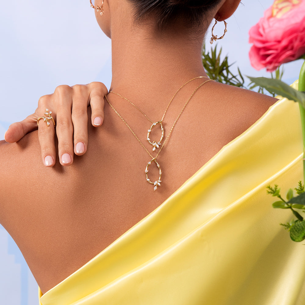 18K Yellow Gold Diamond Lucky Loop Pendant featuring a Marquise Leaf Shape - S-E235SP