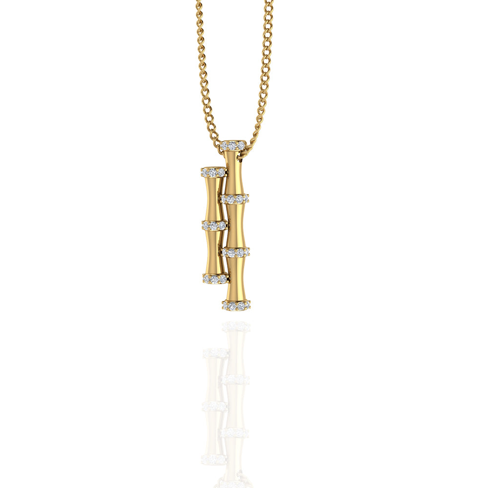 18K Yellow Gold Double Bamboo Stalk Pendant with Diamonds - S-E237SPB