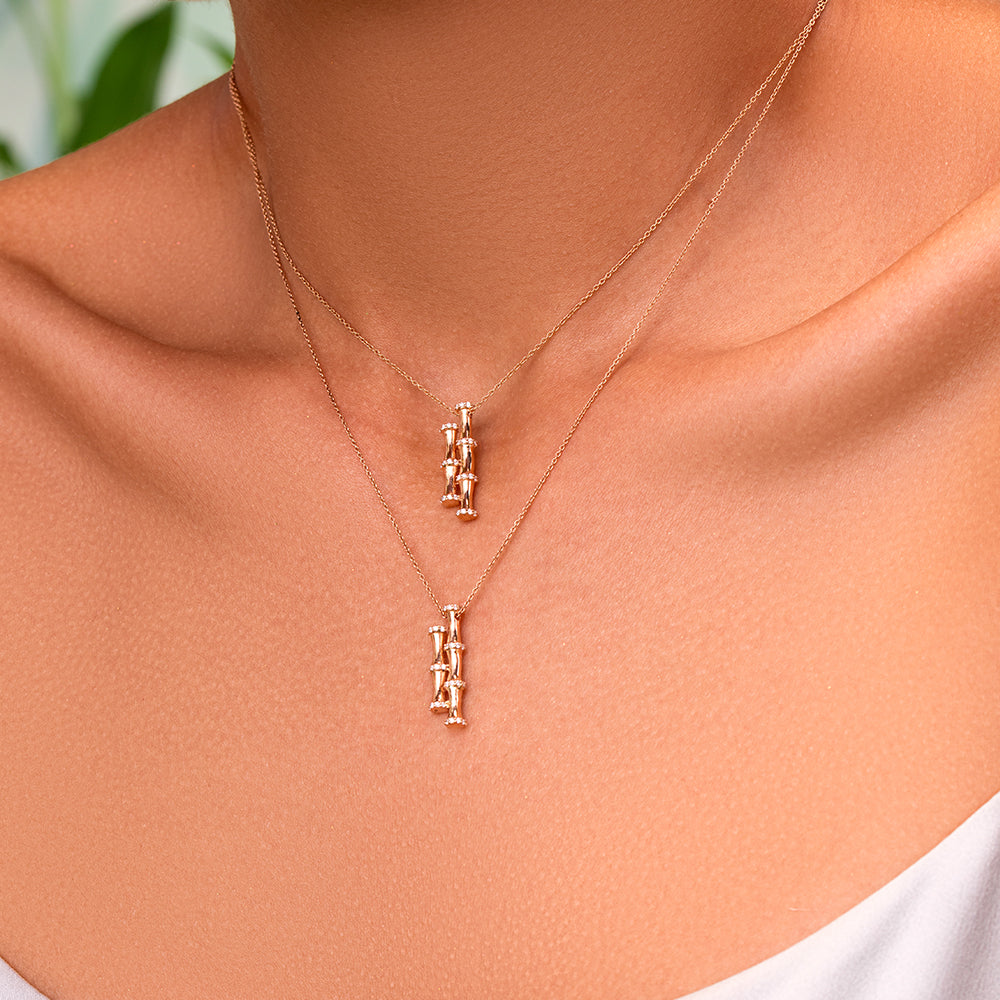 18K Yellow Gold Double Bamboo Stalk Pendant with Diamonds - S-E237SPB