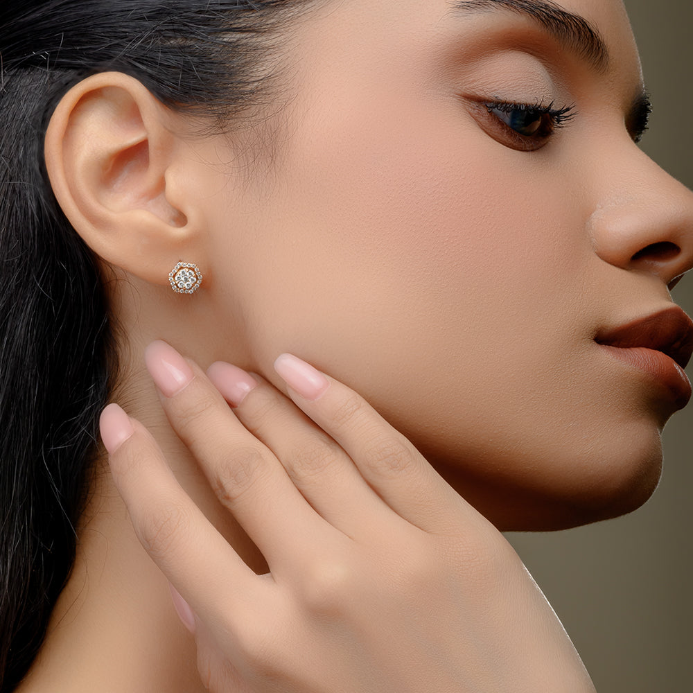 18K Rose Halo Diamond Earrings - S-E255S