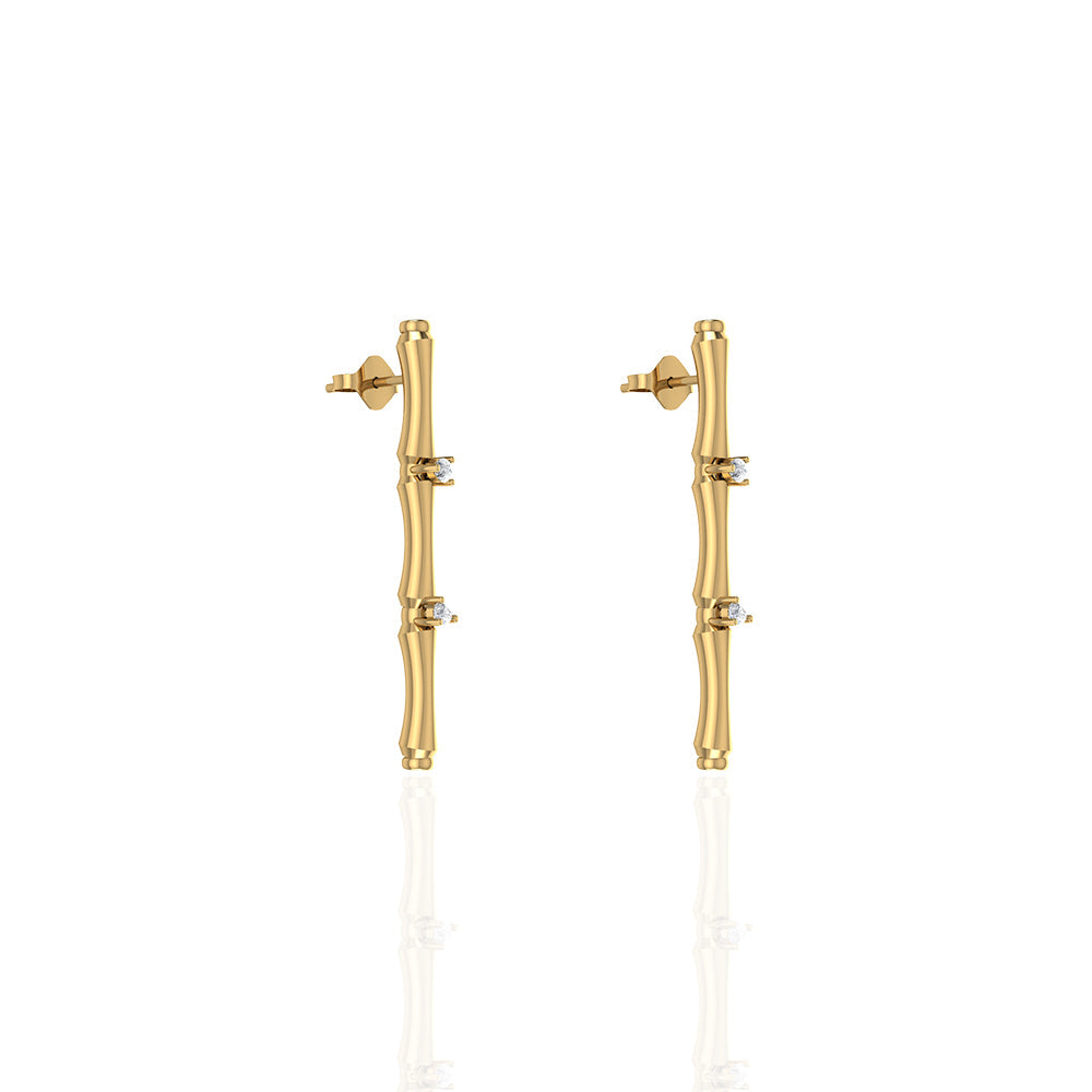 18k Yellow Gold Single Bamboo Stalk Earrings with Marquise Diamonds - S-E279S