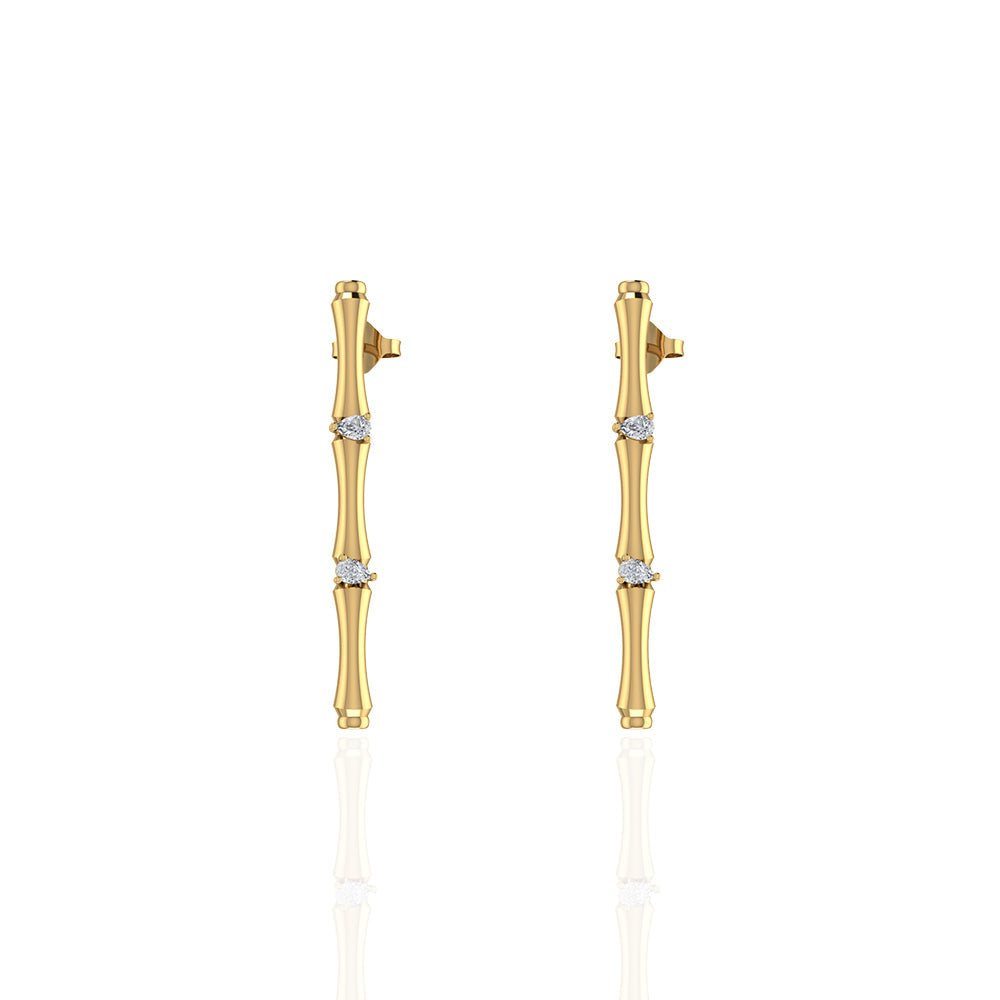 18k Yellow Gold Single Bamboo Stalk Earrings with Marquise Diamonds - S-E279S