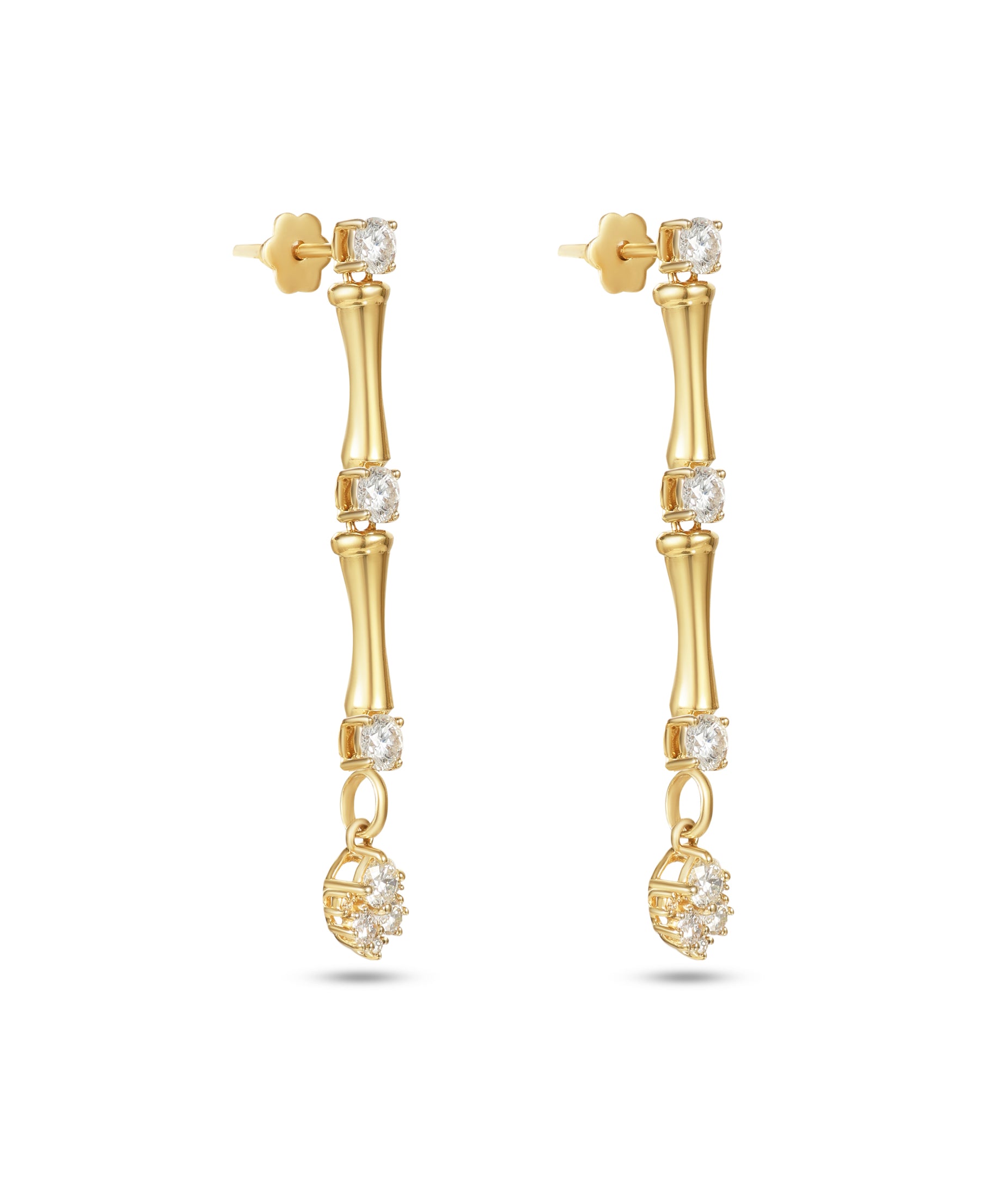 18K Yellow Gold Dangling Bamboo Stalk Earrings with Diamonds - S-E318S