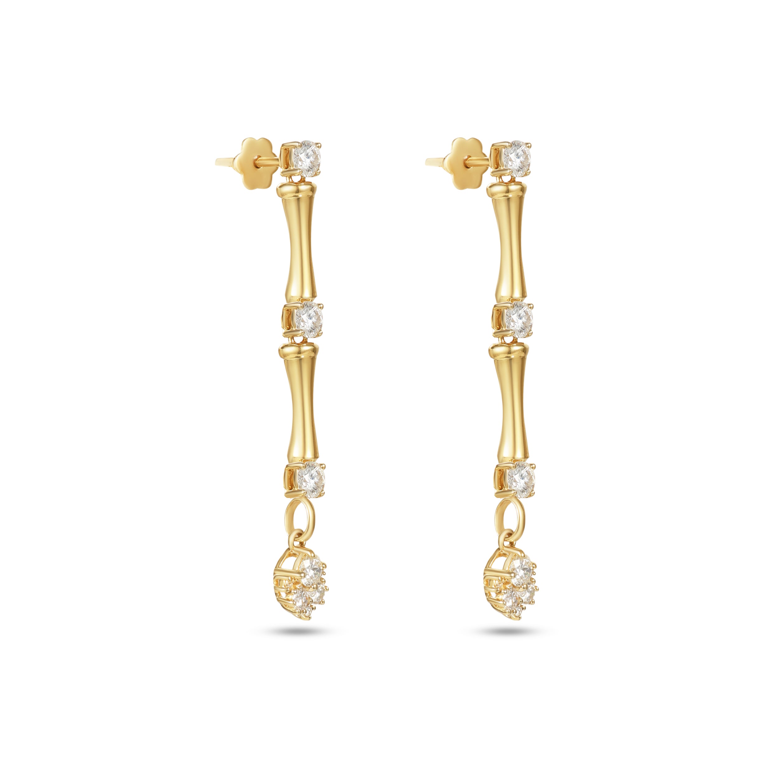 18K Yellow Gold Dangling Bamboo Stalk Earrings with Diamonds - S-E318S