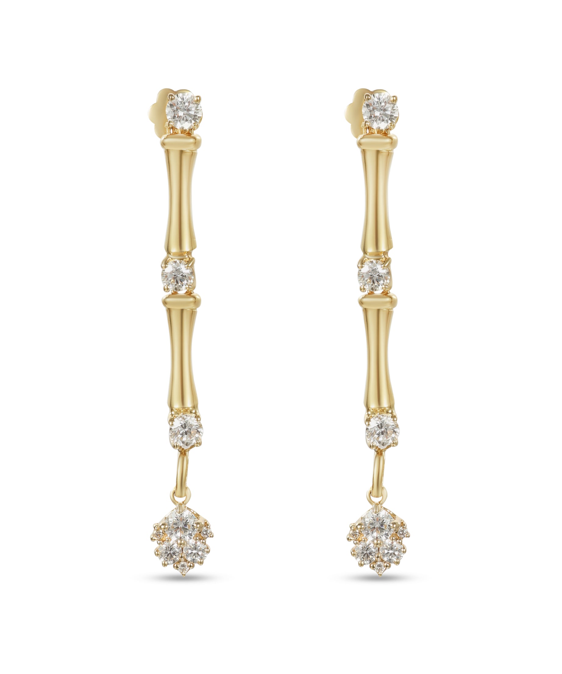 18K Yellow Gold Dangling Bamboo Stalk Earrings with Diamonds - S-E318S
