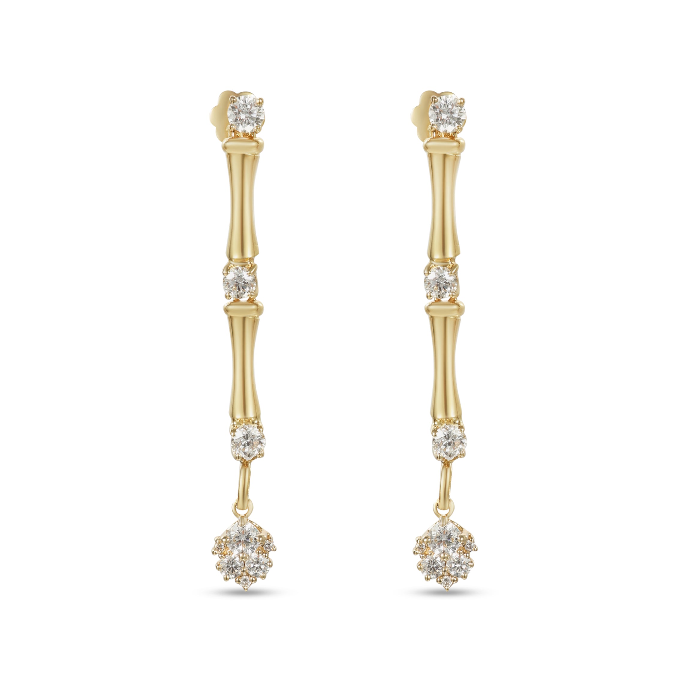 18K Yellow Gold Dangling Bamboo Stalk Earrings with Diamonds - S-E318S