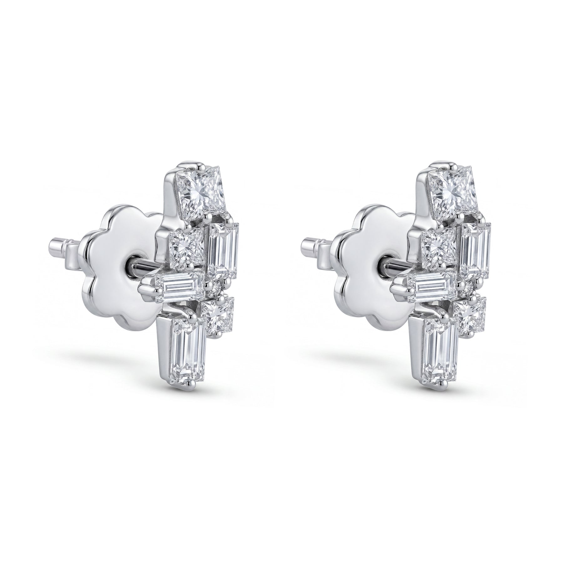 18K White Gold Minimal Stud Earrings With Luxury Diamond Details - S-E363S