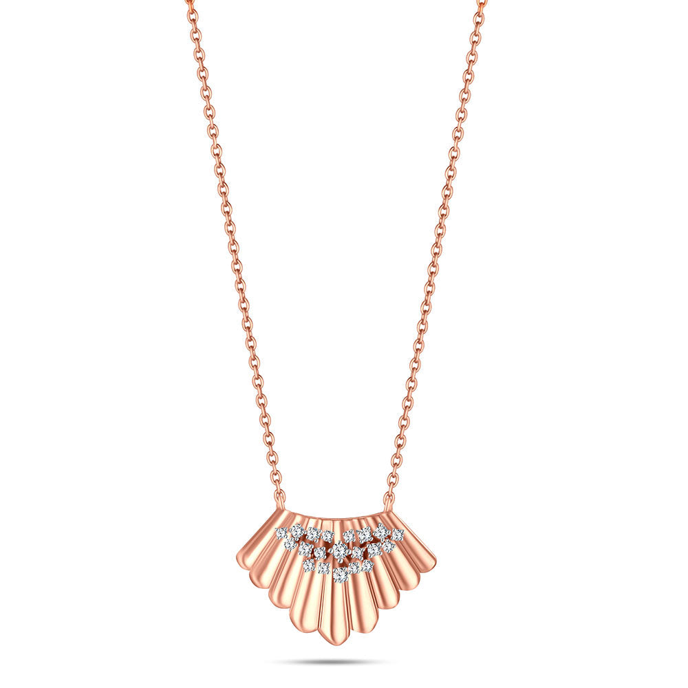 An 18k rose gold necklace with a series of diamond adorned points fanning out from the center, attached to a chain.
