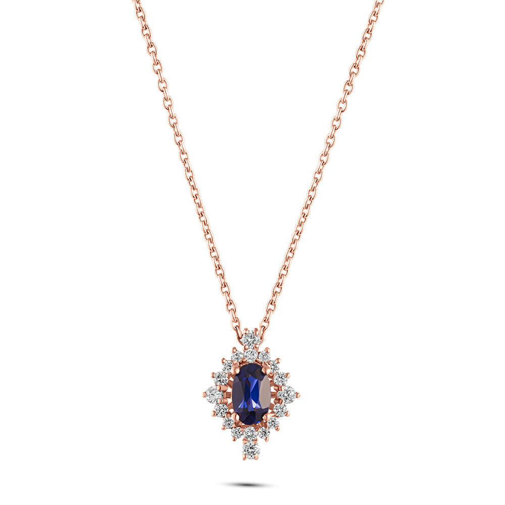 An 18K gold diamond necklace with a central sapphire stone