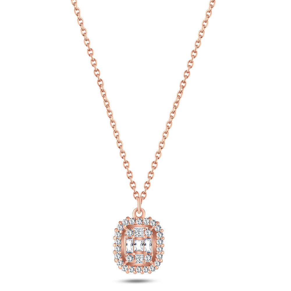 An 18k rose gold diamond necklace with a square-shaped pendant, featuring a halo of smaller diamonds around a central diamond.