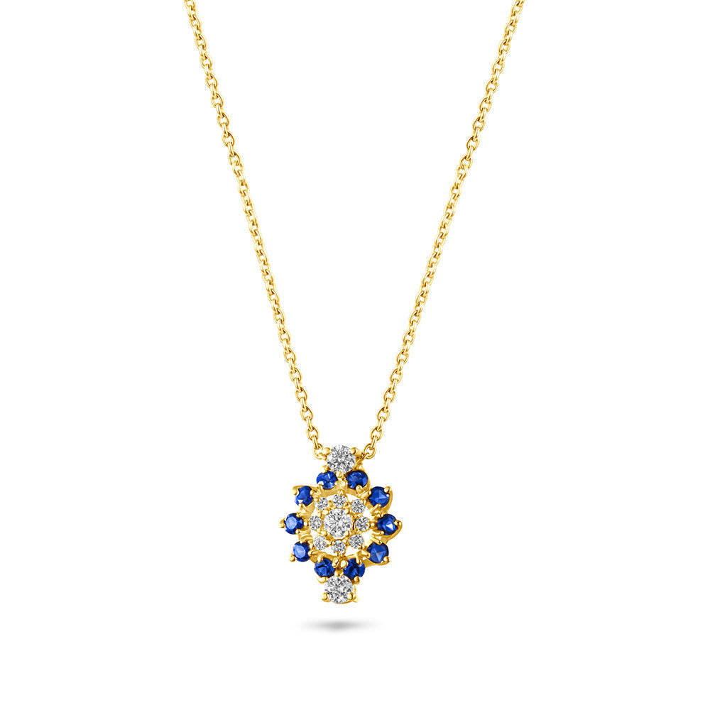 An 18K gold necklace with a floral cluster pendant featuring a central sapphire stone surrounded by small sparkling diamonds
