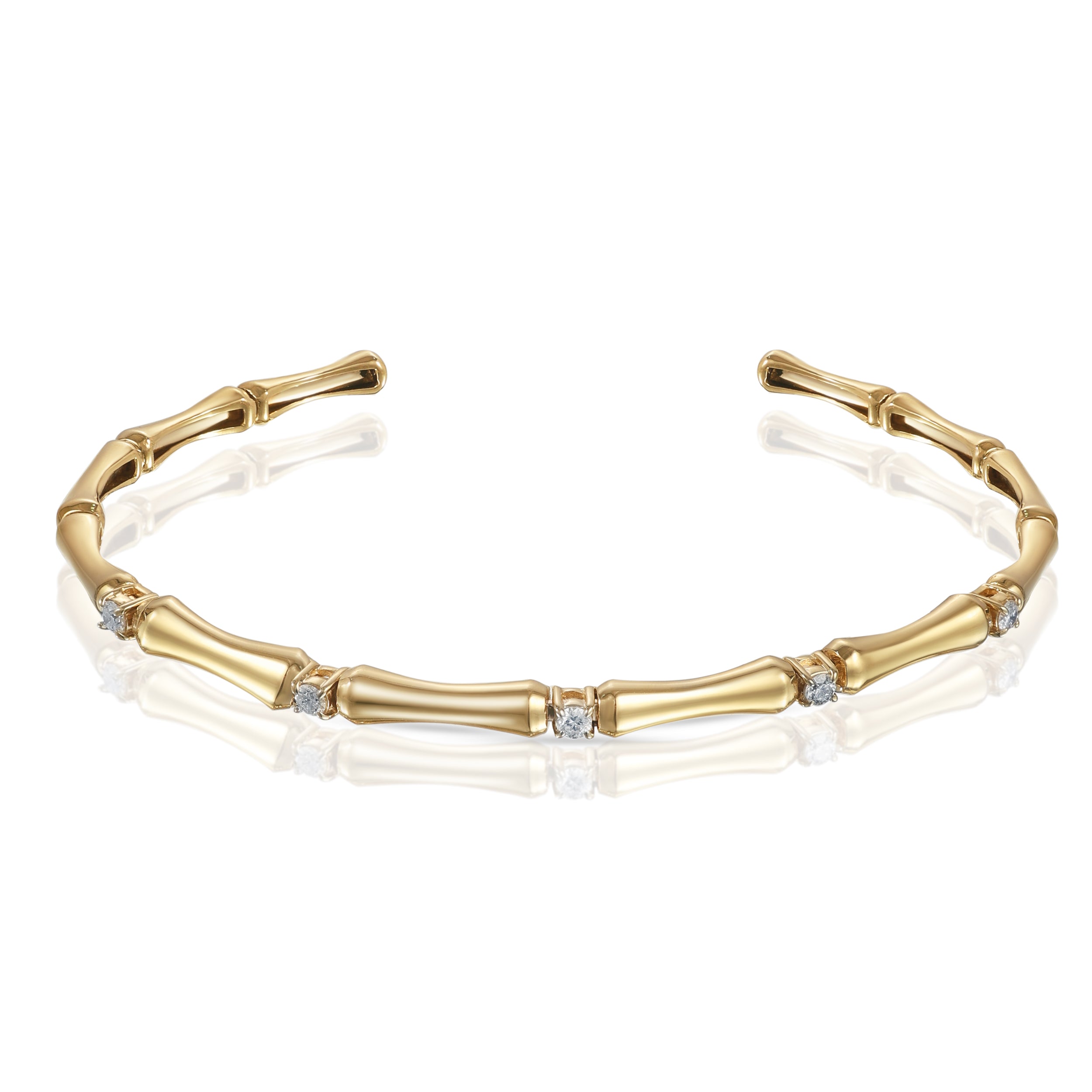 18k Yellow Gold Bamboo Bangle with Set Diamonds - S-H090BS