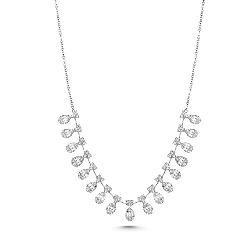 An 18K white gold diamond necklace with multiple teardrop shaped diamond Stations