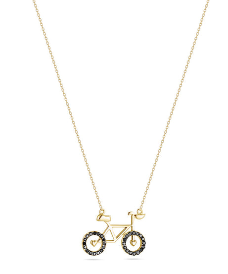 A yellow gold necklace with a bicycle shaped pendant adorned with colored stones