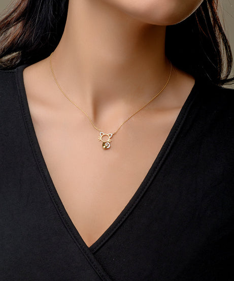 18K Yellow Holo Cat For Kids Diamond Necklace - S-P478S